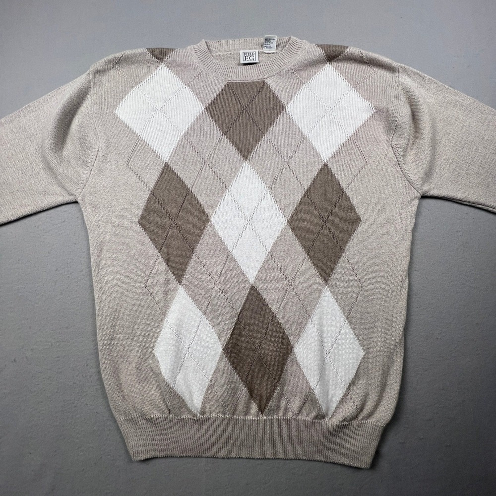Field Gear Argyle Sweater Mens XL Tan Linen Cotton Blend Knit Pullover Preppy